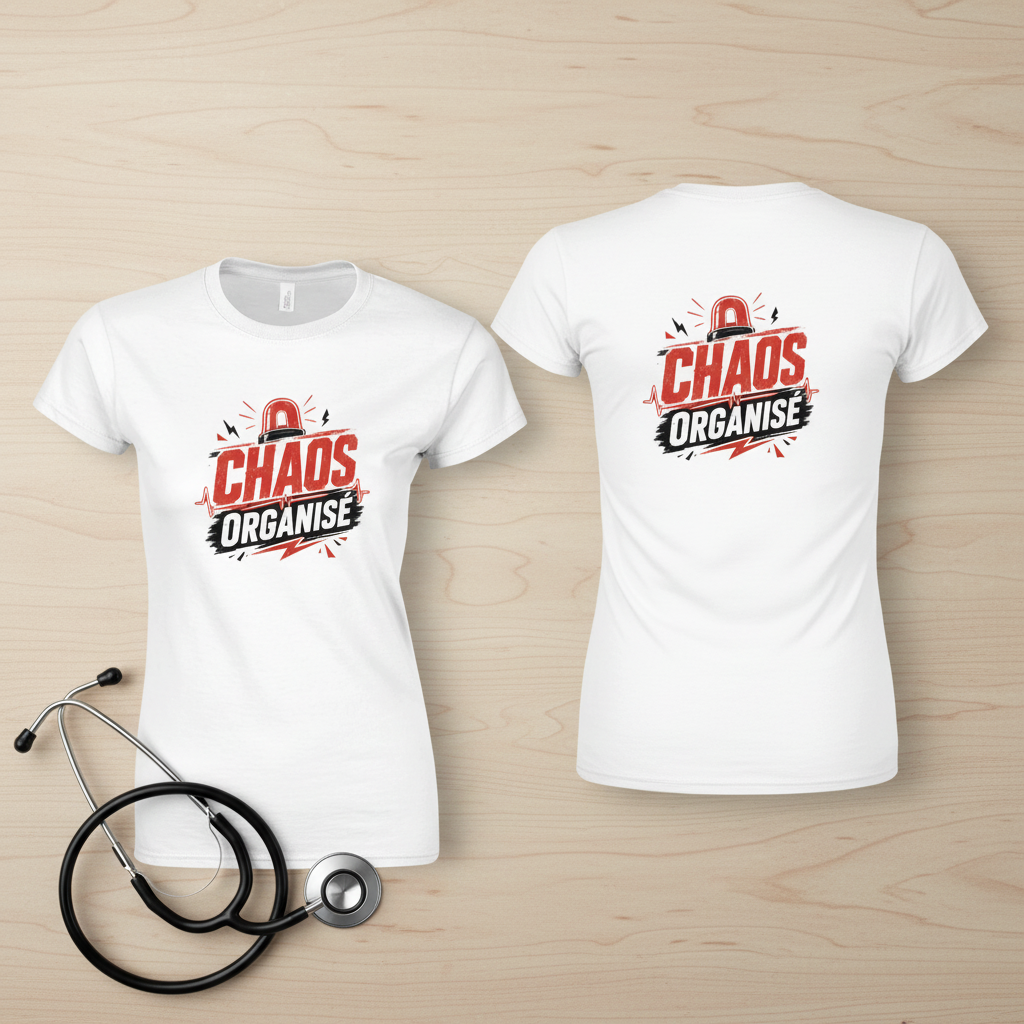 Flat lay recto et verso t-shirt Chaos Organisé blanc avec stéthoscope sur table en bois