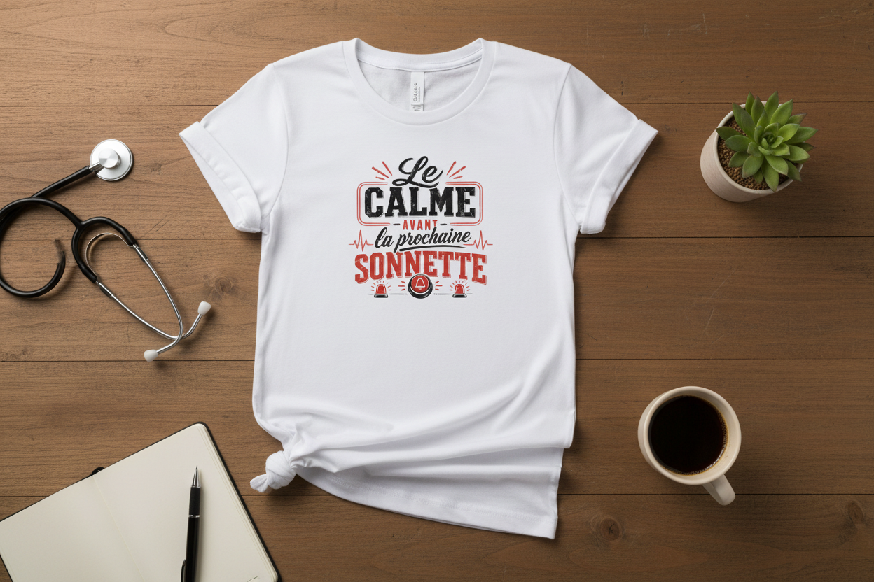 Flat lay du t-shirt Le Calme avant la prochaine Sonnette avec stéthoscope et accessoires