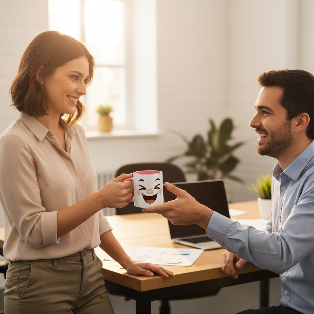 Deux mugs blancs avec visage kawaii souriant, tenus à la main