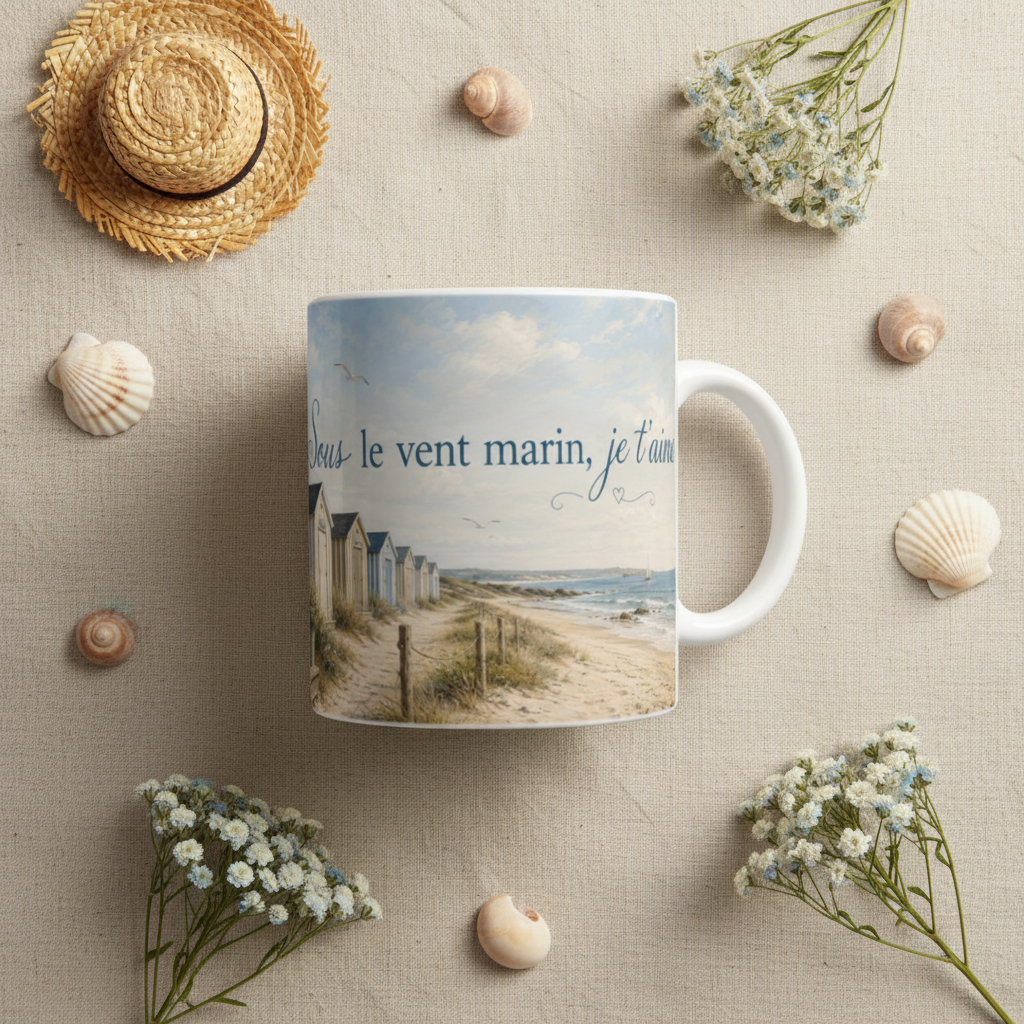 Flat lay mug cabanes de plage bleues blanches avec coquillages et chapeau de paille sur lin, ambiance romantique Arcachon