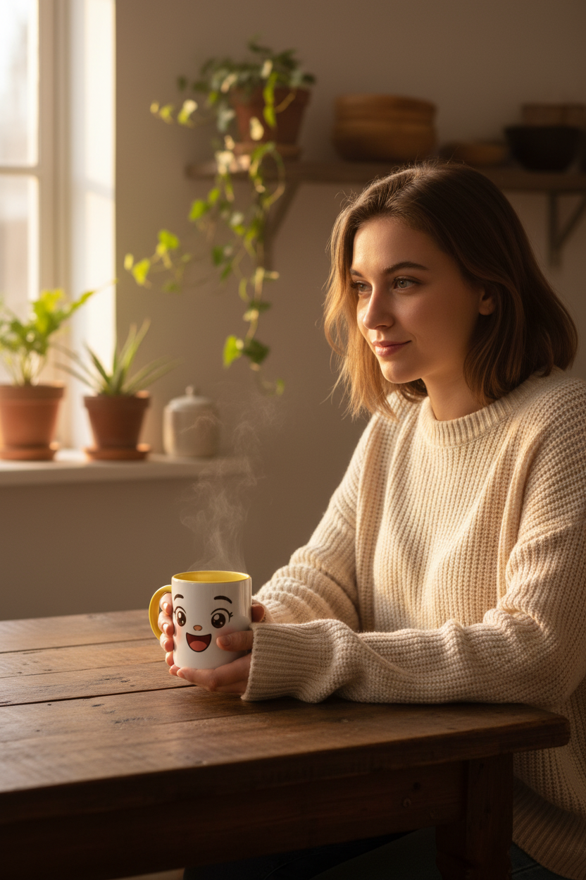 Mug en céramique jaune avec visage kawaii souriant et anse