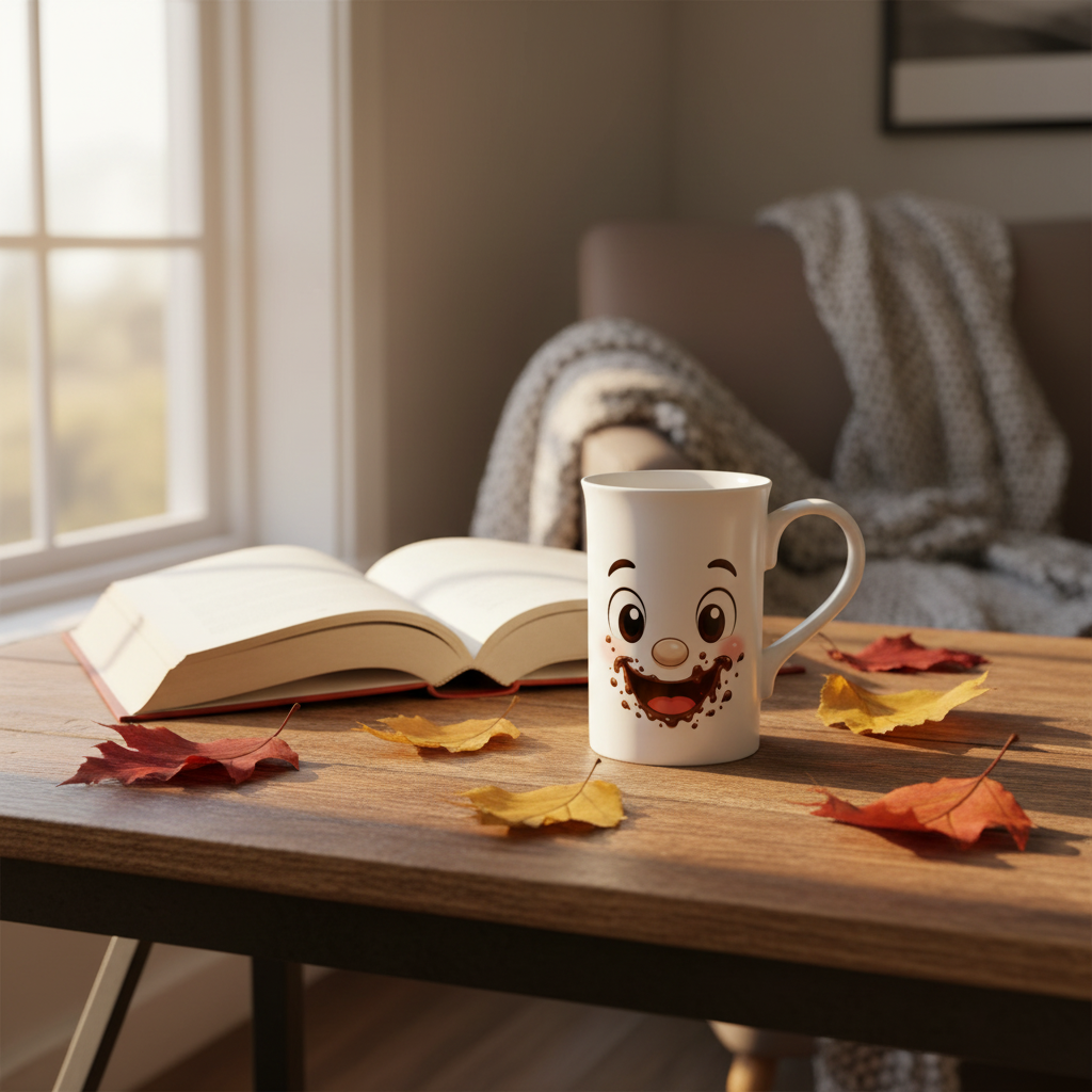 Mug blanc au visage kawaii chocolat avec anse, posé sur une table en bois