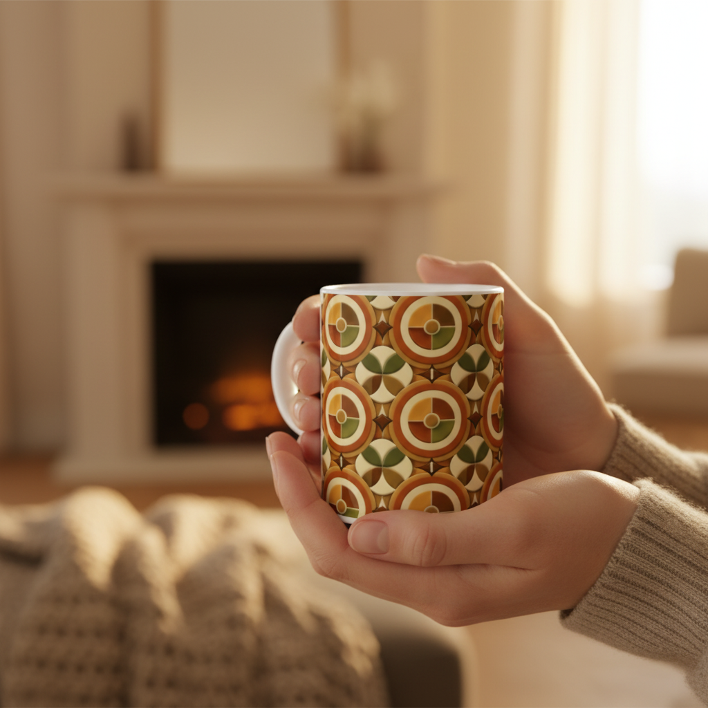 Zoom mains féminines tenant le mug rétro géométrique 70s, fond intérieur flou chaleureux