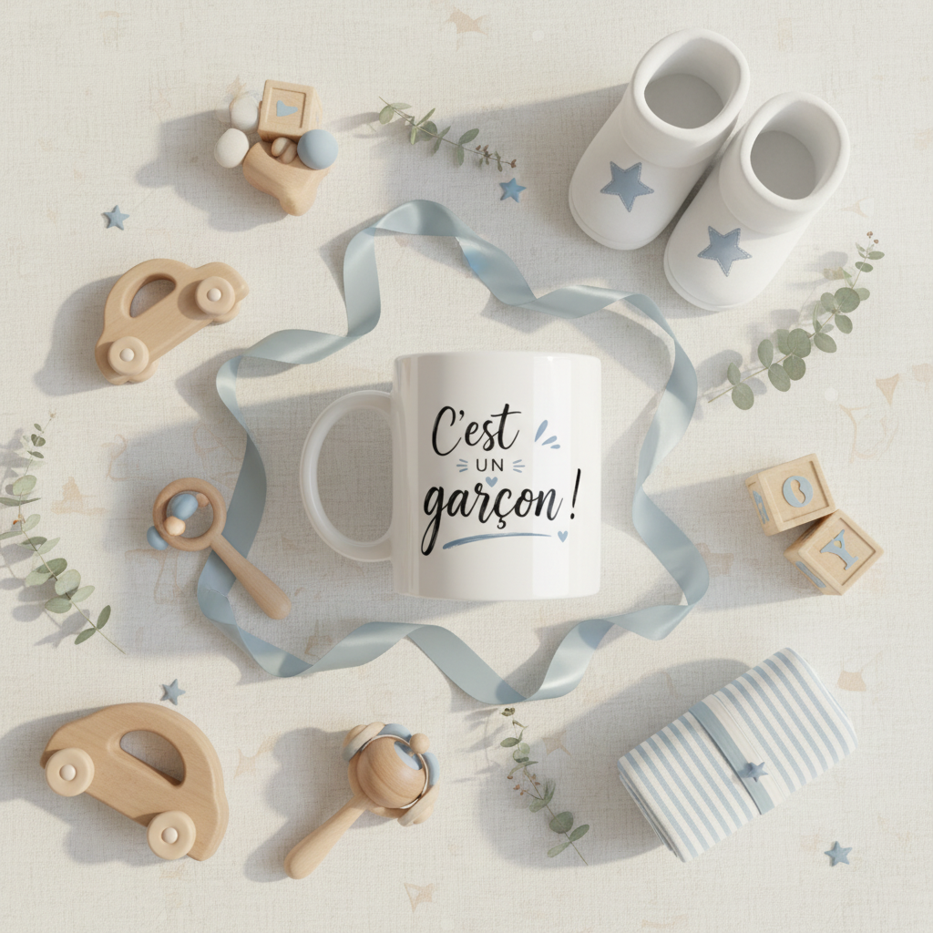 flat lay mug cest un garcon avec accessoires bebe garcon fond lin bleu