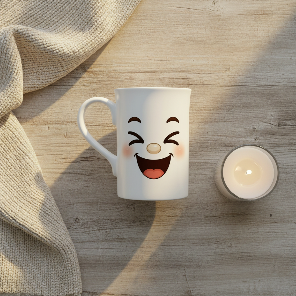 Mug blanc au visage kawaii souriant, vue de face, anse sur le côté