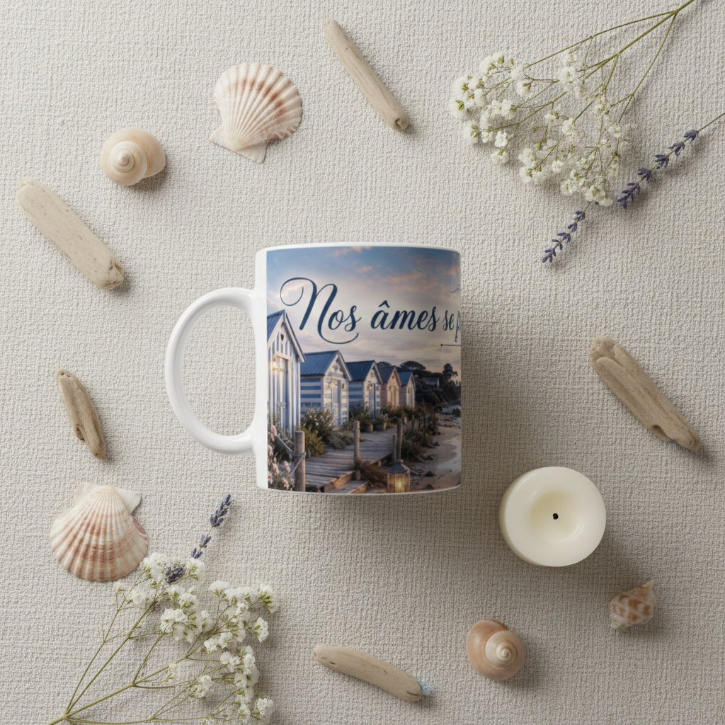 Flat lay mug cabanes de plage coucher de soleil avec coquillages et bougie sur lin, ambiance romantique Arcachon