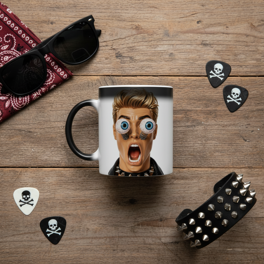 Flat lay mug magique noir humour avec accessoires punk sur table en bois, design yeux a ressorts
