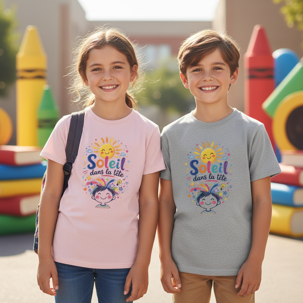 Deux enfants portant le t-shirt Soleil dans la tete, rose clair et gris chine, de face souriants