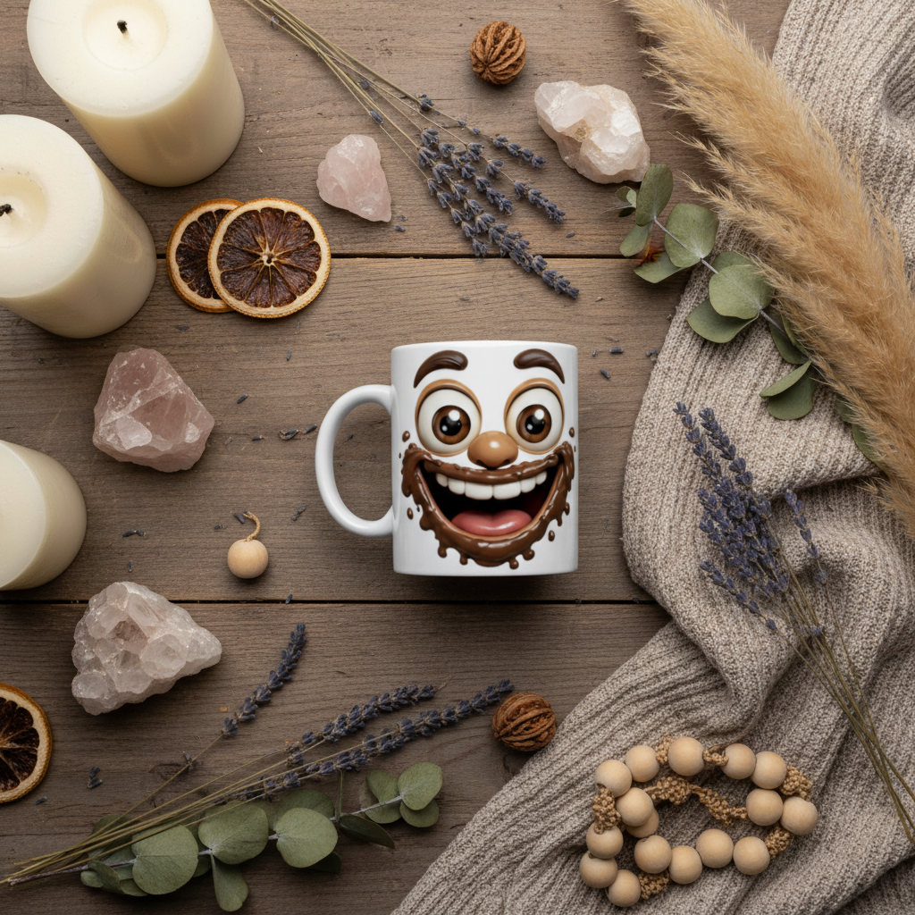 flat lay mug visage chocolat rigolo avec bougies et cristaux sur bureau chaleureux