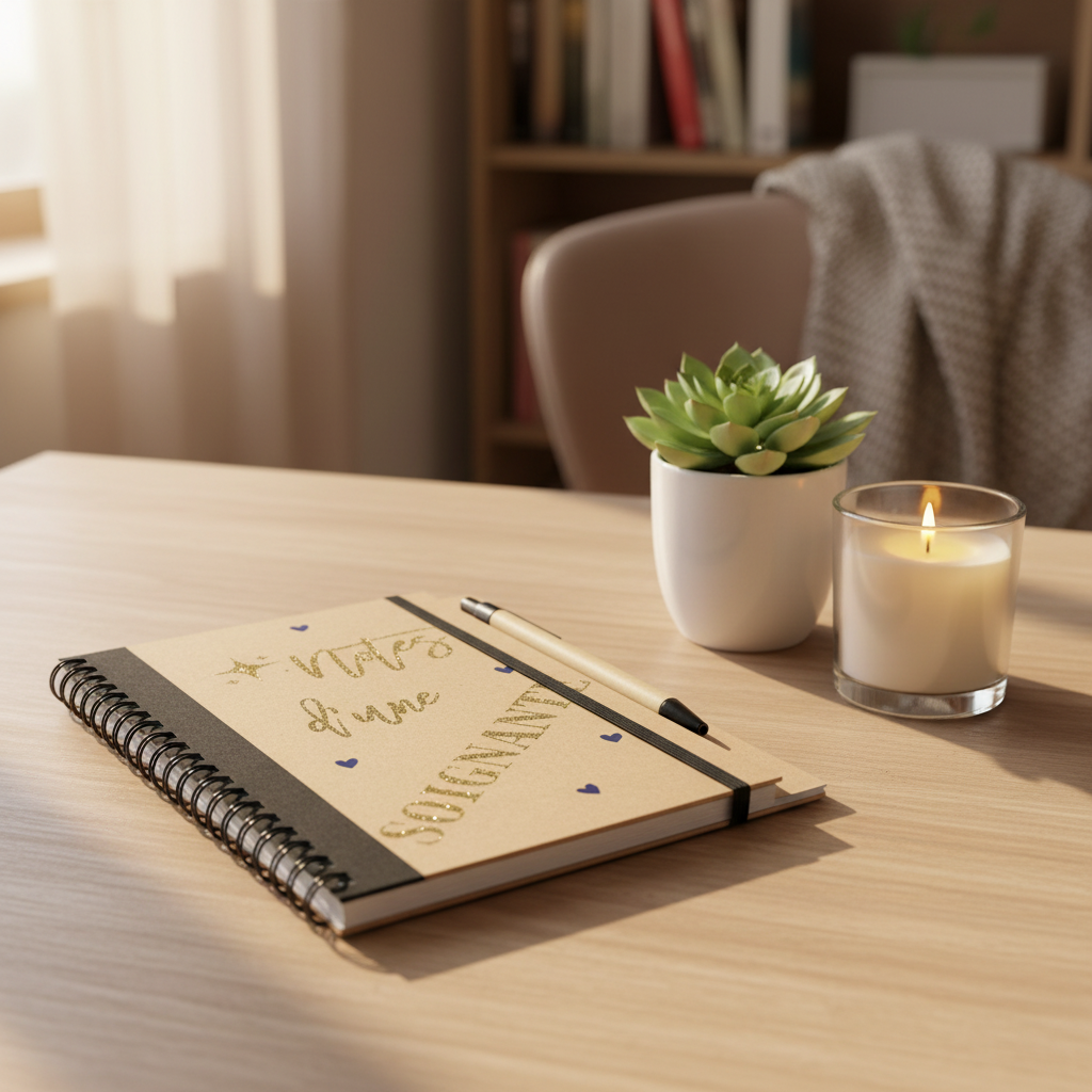 Carnet à spirale kraft sur table, stylo noir, avec plante en pot et bougie.