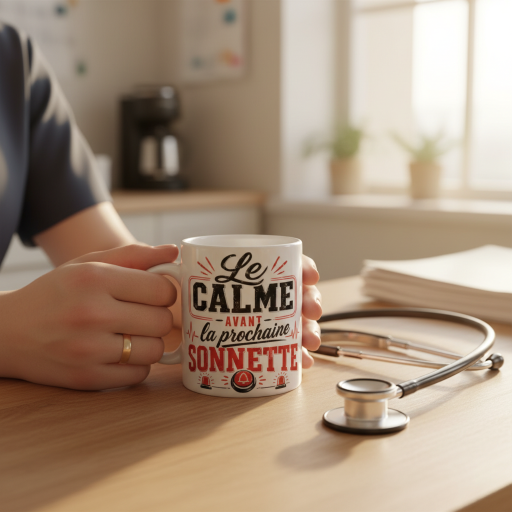 Mains de soignante enlaçant le mug Le Calme avant la prochaine Sonnette avec stéthoscope