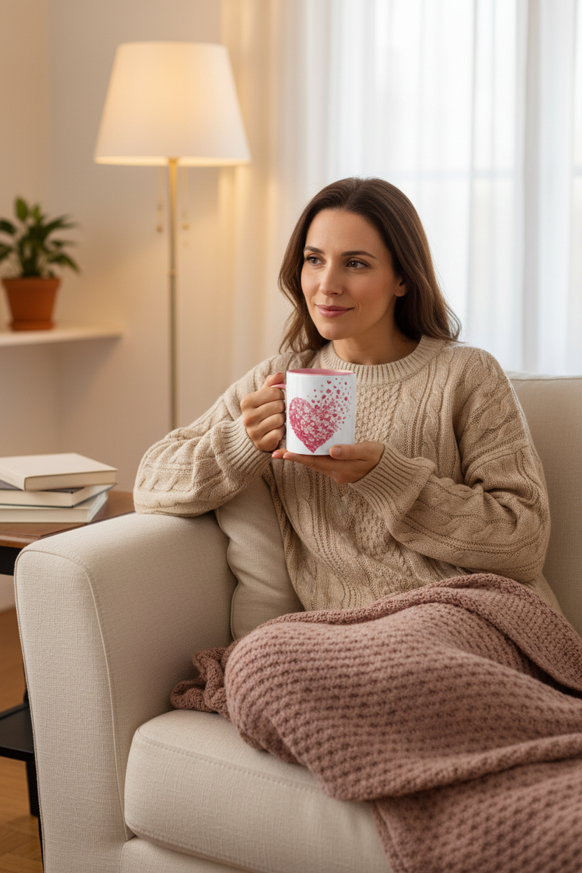 Mug blanc à anse rose, motif cœur rose sur toute la face