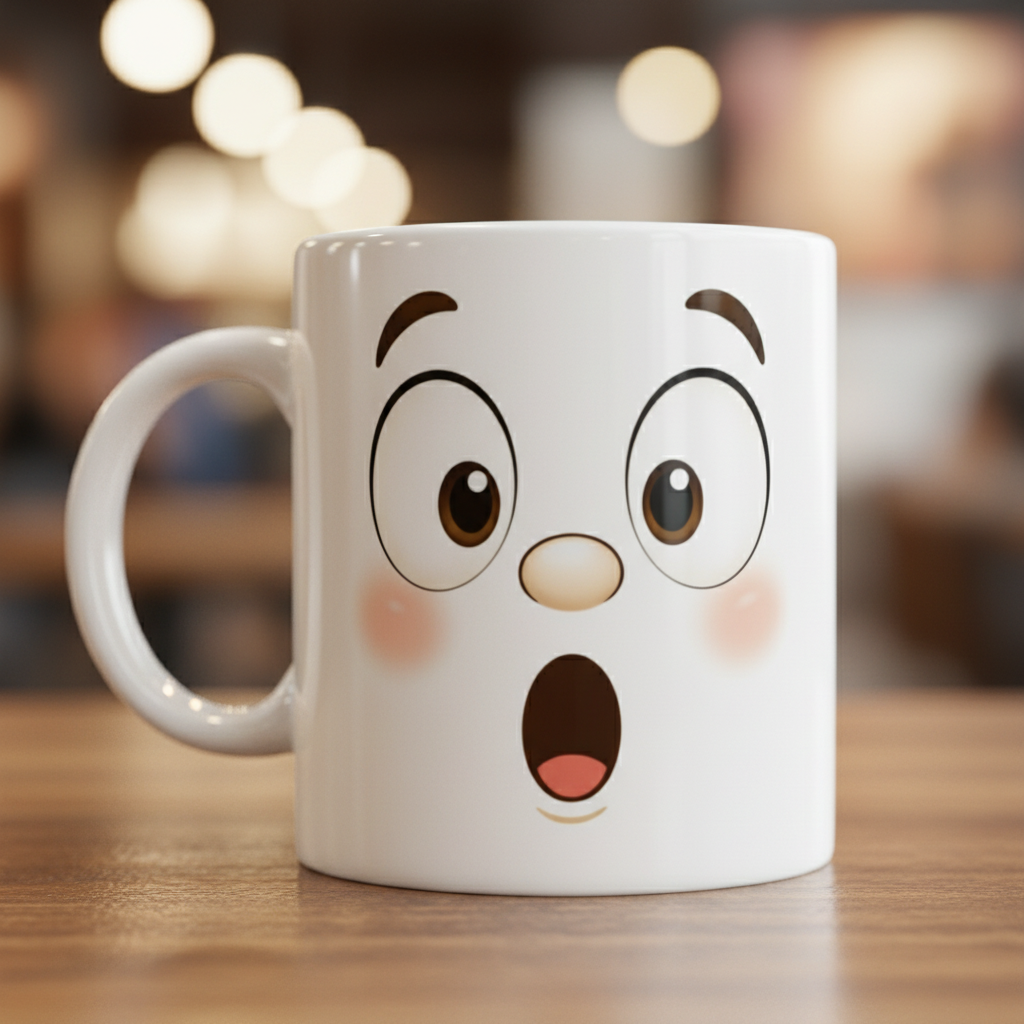 Mug en céramique blanche au visage kawaii abeille, grands yeux et bouche rouge
