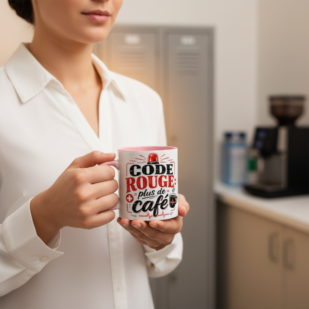 Soignante en blouse blanche tenant le mug Code Rouge Plus de Cafe dans une salle de pause hospitalière