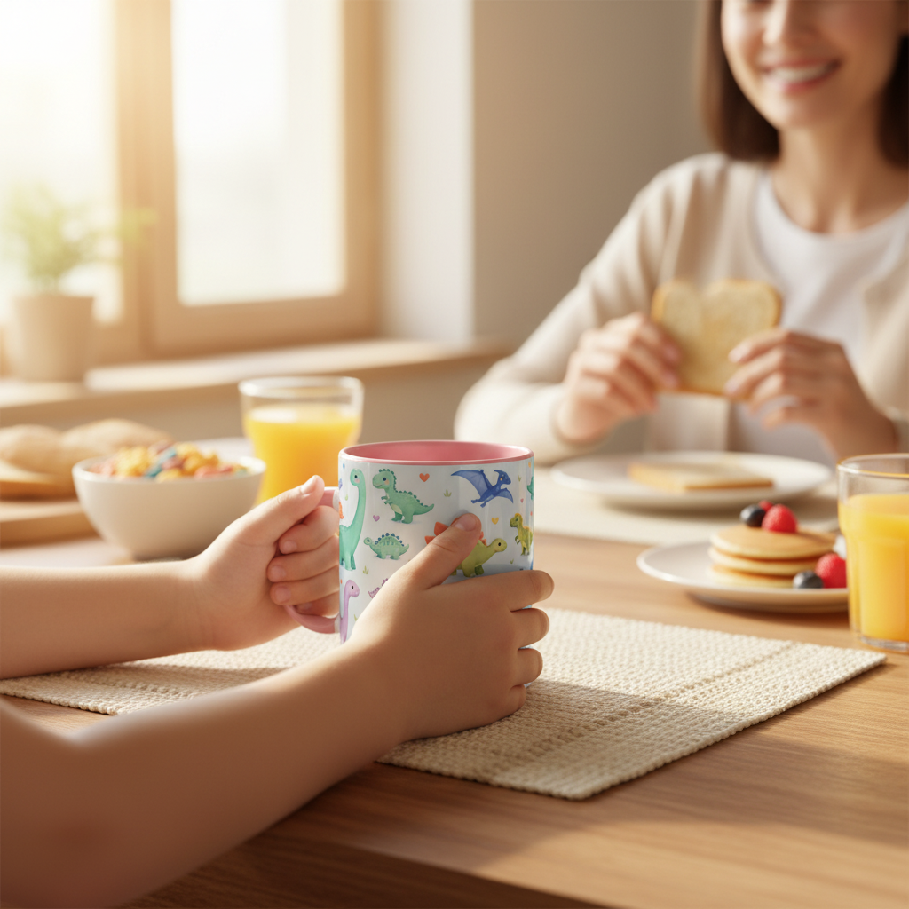 Enfant tenant le mug dinosaures kawaii pastel fond bleu ciel avec anse rose