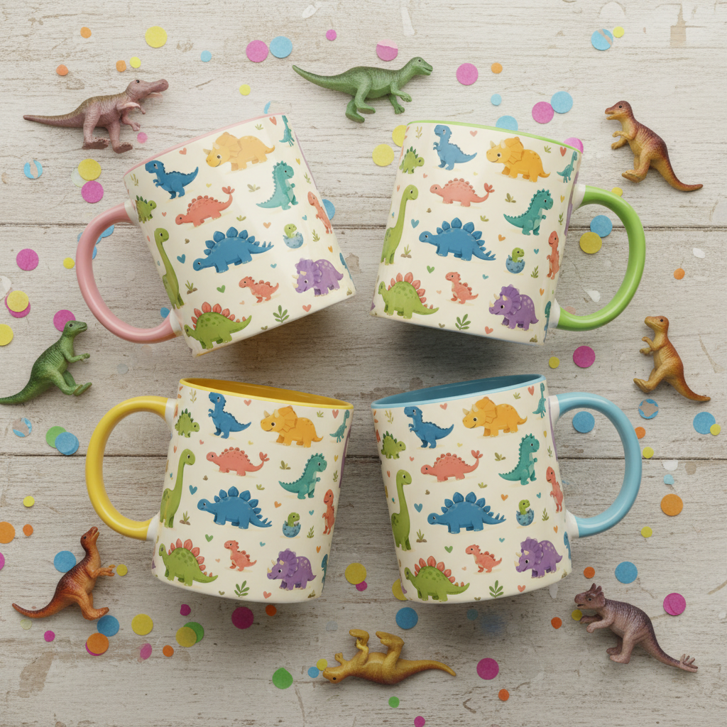 Flat lay quatre mugs dinosaures kawaii fond creme avec anses rose jaune vert et bleu