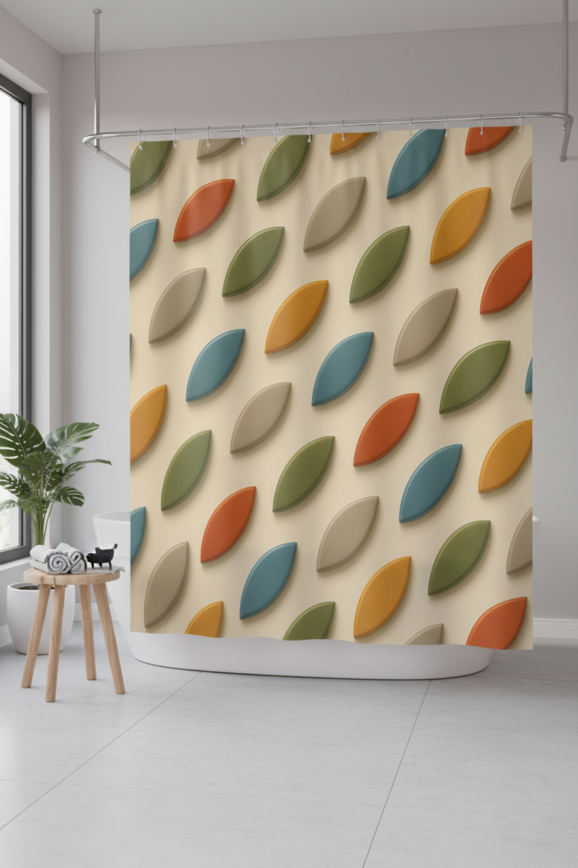 Rideau de douche tissu crème, motif feuilles rétro multicolores couvrant toute la largeur.