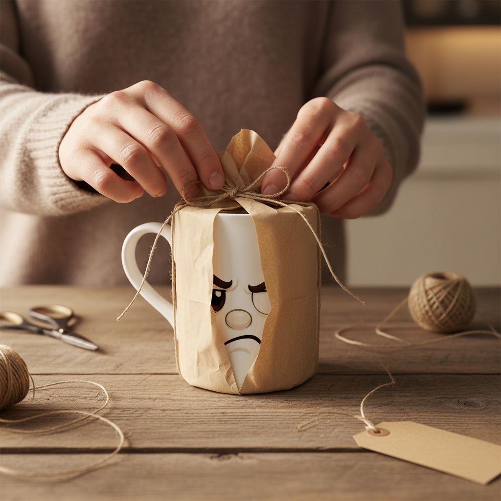 Mug blanc emballé dans du papier cadeau beige, motif grognon visible.