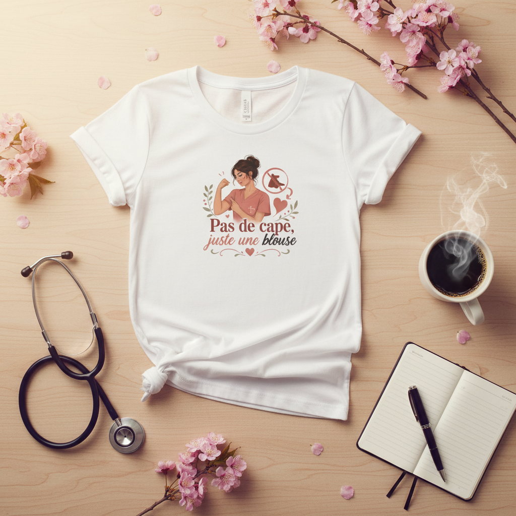 Flat lay t-shirt blanc soignante Pas de cape juste une blouse avec stéthoscope, fleurs roses et mug sur table en bois