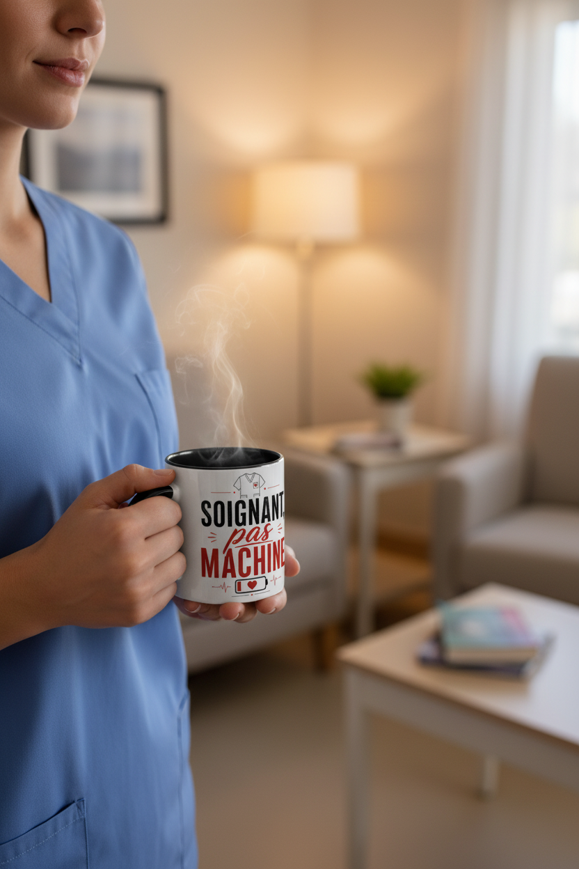 Mug céramique blanc à anse rouge, imprimé « Soignant, pas machine », en main.