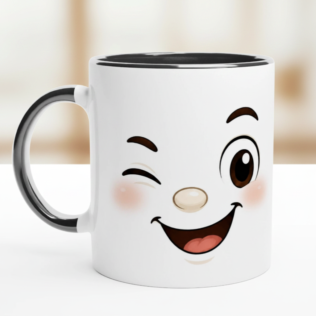 Mug en céramique blanche, anses noires, visage kawaii souriant aux joues roses