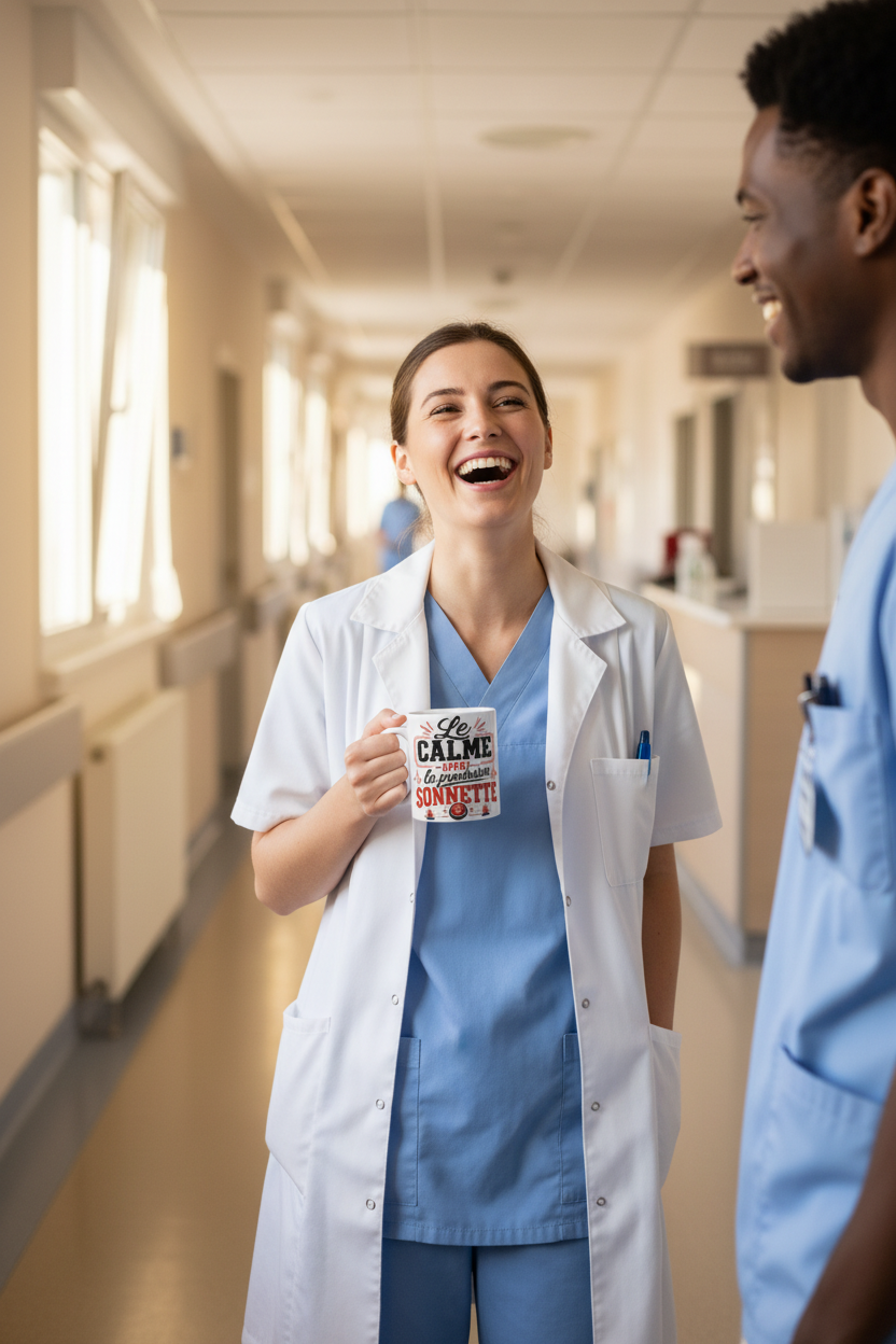 Soignante en couloir d'hôpital tenant le mug Le Calme avant la prochaine Sonnette