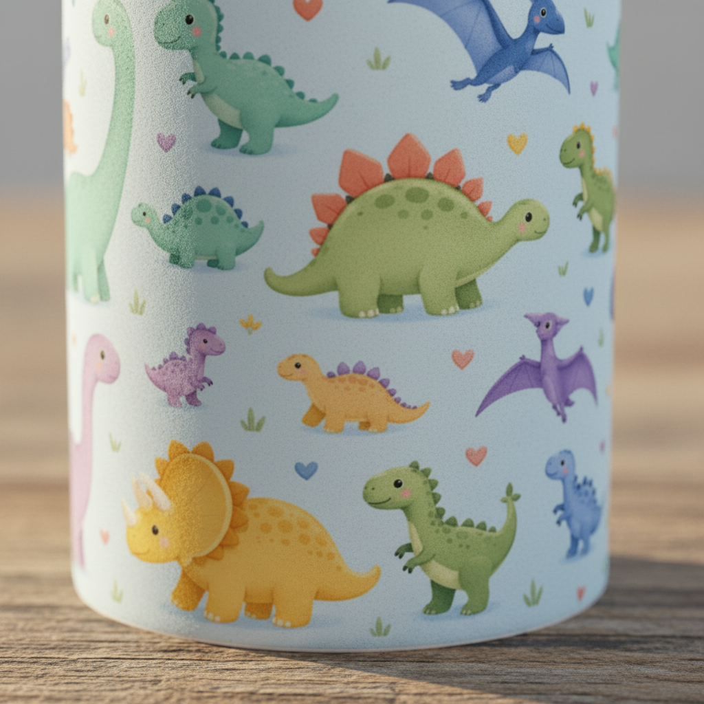 Zoom macro sur les dinosaures kawaii multicolores du mug ceramique fond bleu ciel