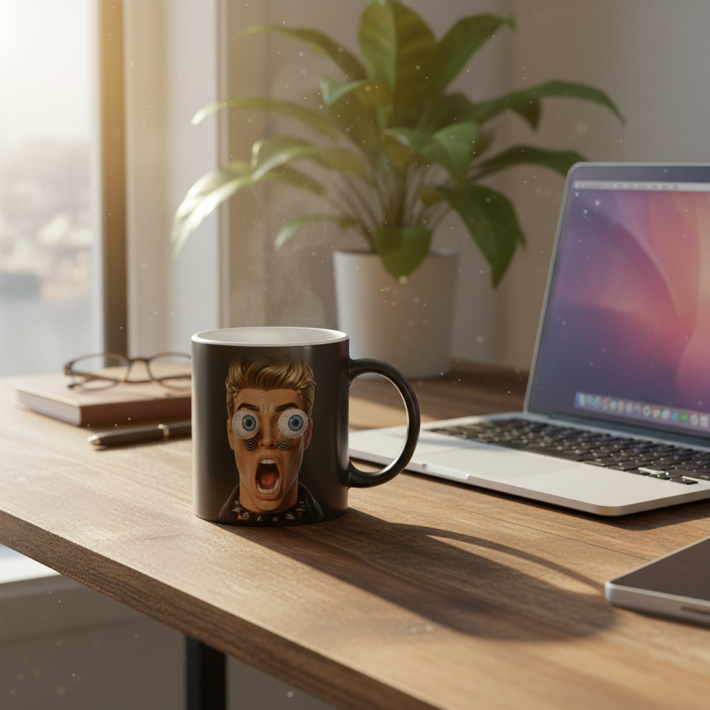Mug magique noir pose sur un bureau cosy, verso avec design yeux a ressorts visible, anse a droite
