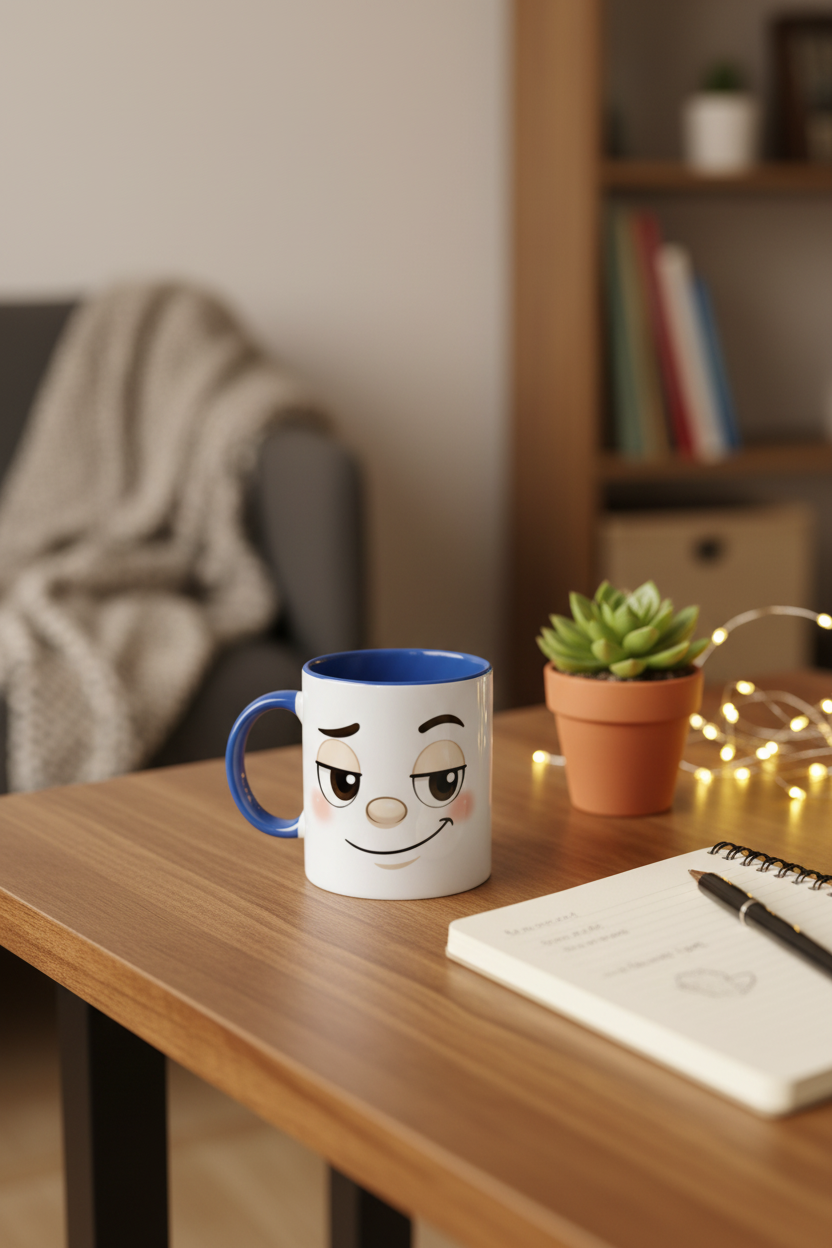 Mug en céramique avec visage kawaii, anse bleue et intérieur bleu