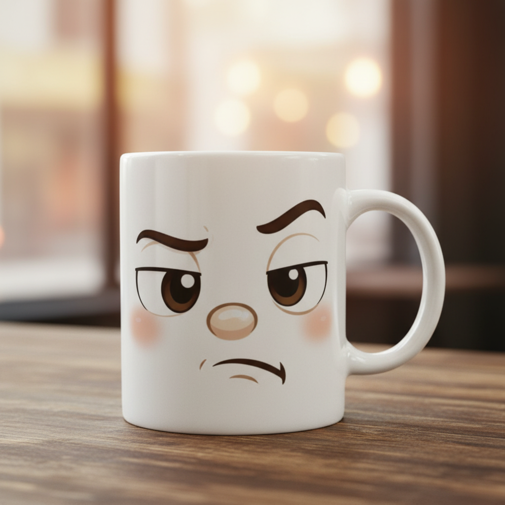 Mug en céramique blanc avec visage kawaii grognon, anses blanches et dessin marron