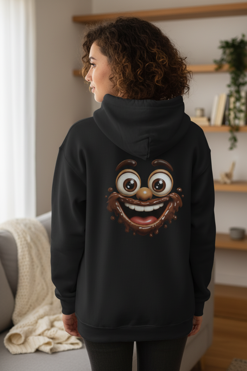 femme portant un sweat noir avec design visage chocolat rigolo de dos