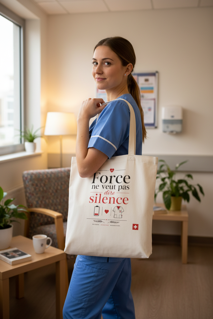 Sac cabas en toile beige porté à l’épaule, anses longues, imprimé rouge et noir