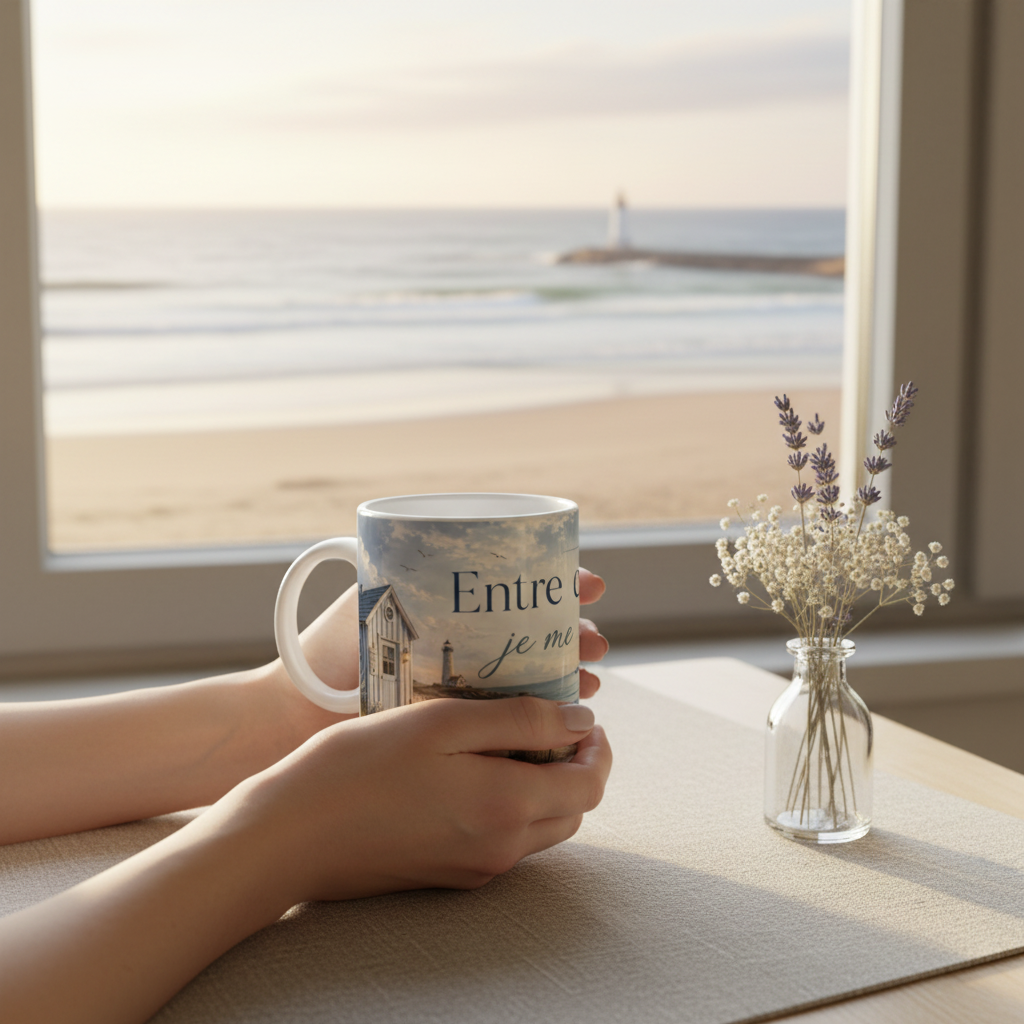 Mug Entre ciel et mer je me repose en toi pres d'une fenetre au lever du soleil, ambiance cosy Gironde