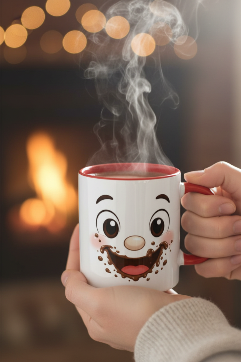 Mug blanc à visage Kawaii au chocolat, bord et anse rouges, tenu en main