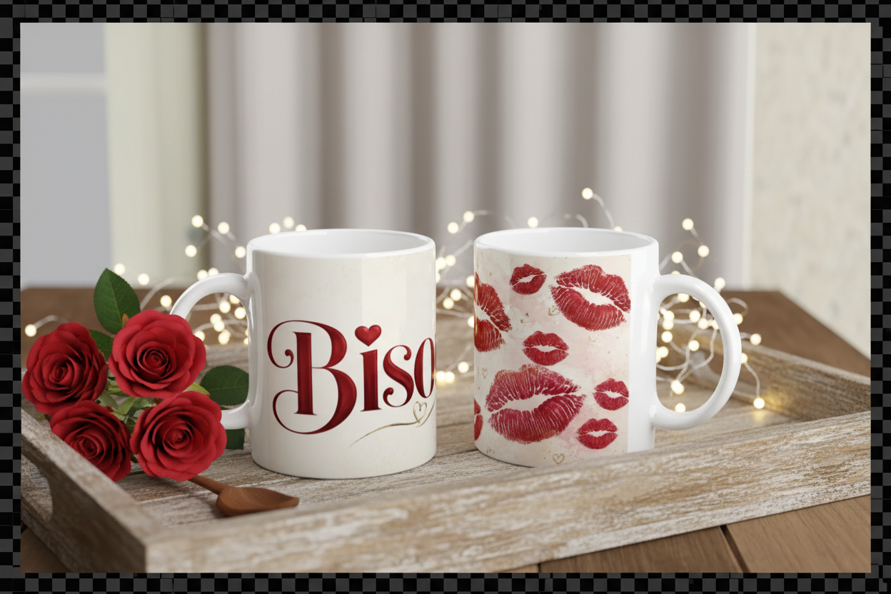Les deux cotes du mug Bisous presentes sur plateau en bois avec roses rouges et guirlande lumineuse