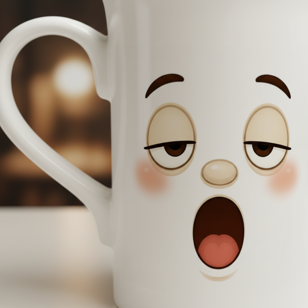 Gros plan du mug en céramique blanche au visage kawaii.