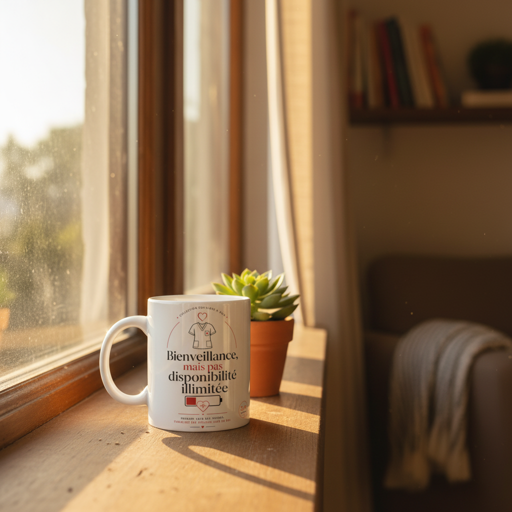 Mug blanc près d’une fenêtre, inscription « Bienveillance, mais pas disponibilité illimitée »