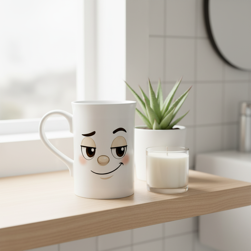 Tasse blanche à anse, visage souriant imprimé façon dessin animé.