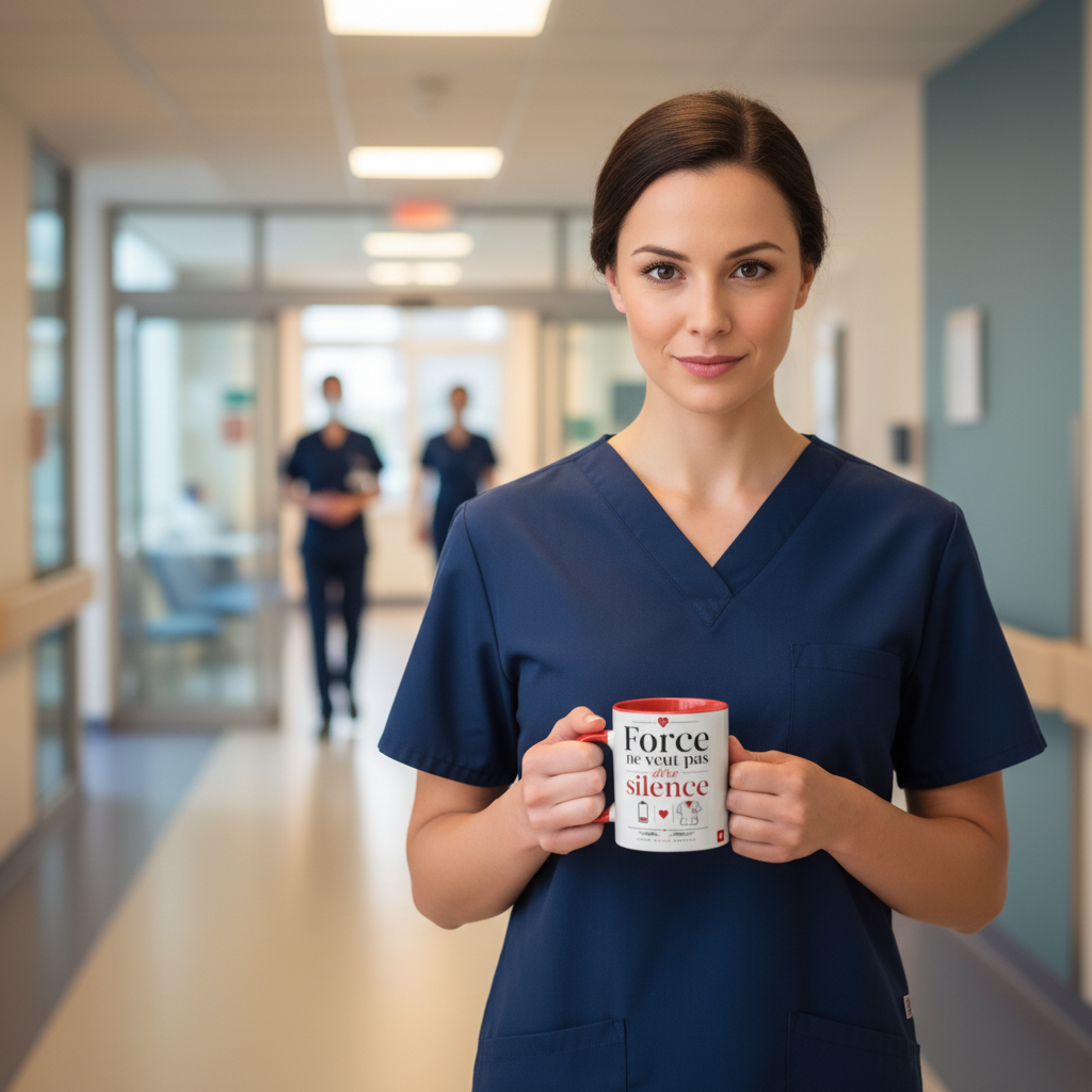 Mug céramique blanc, anse rouge, texte « Force ne veut pas dire silence »