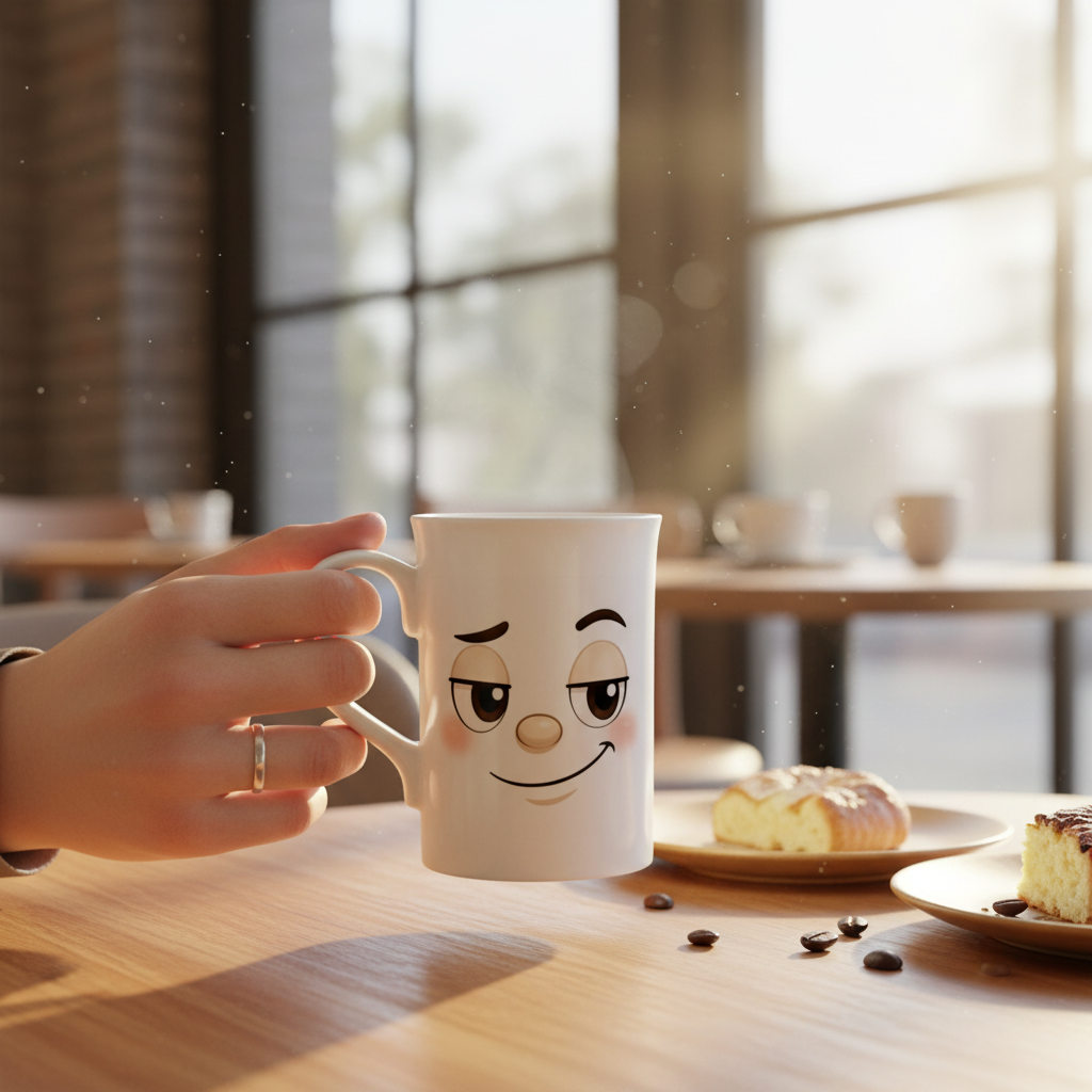 Tasse en céramique blanche avec visage souriant dessin animé kawaii.