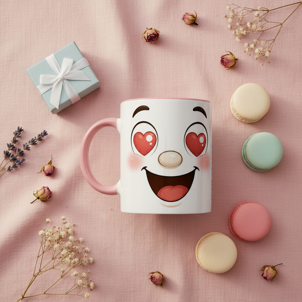 Mug en céramique blanche, anse rose, décor visage kawaii avec cœurs rouges.