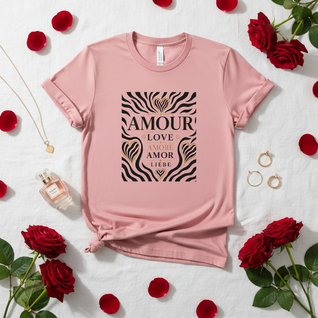T-shirt unisexe rose pâle avec motif « AMOUR » et cœur, encolure ronde