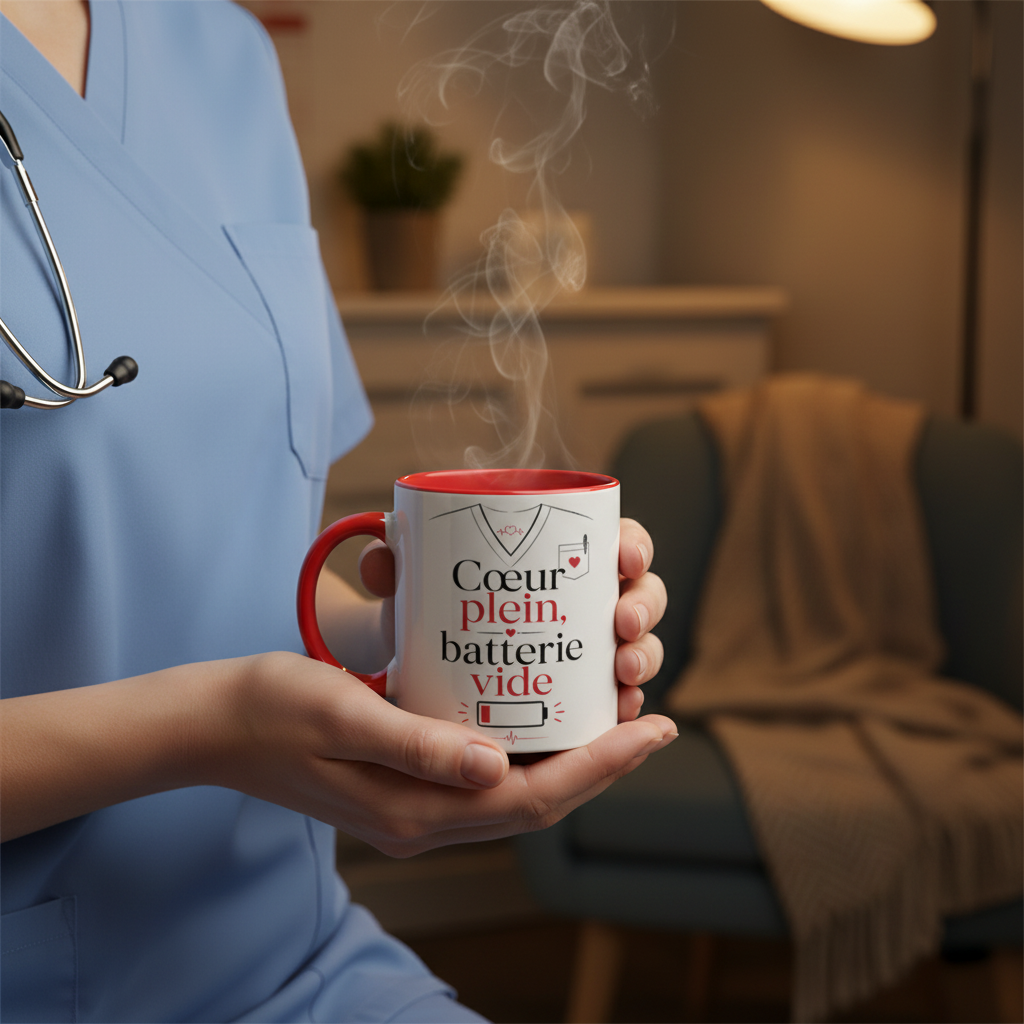 Tasse blanche à poignée rouge, inscription « Cœur plein, batterie vide »