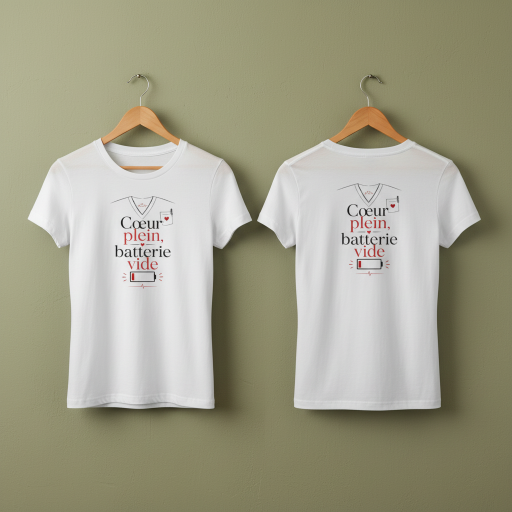 Lot de t-shirts blancs : face et dos avec motif cœur batterie vide