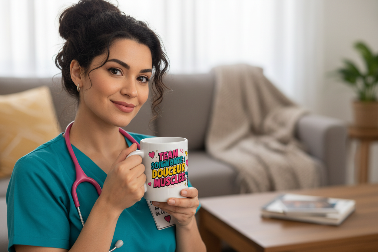 Mug blanc avec visuel soignante en uniforme turquoise et inscription colorée avec cœurs
