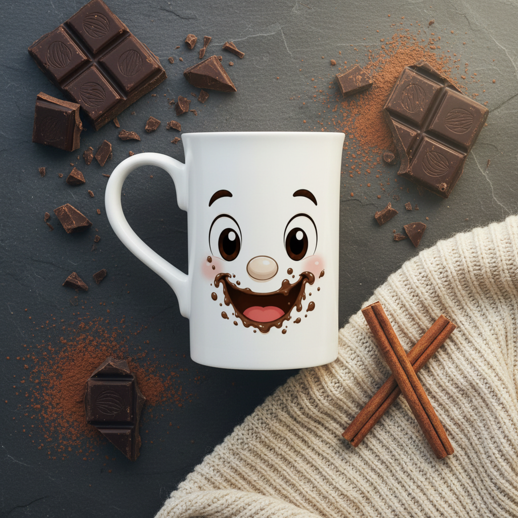 Mug blanc avec visage kawaii au chocolat souriant sur le devant