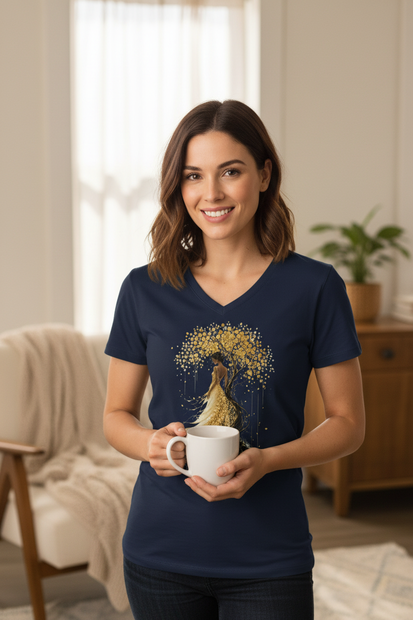 T-shirt femme bleu marine à encolure V, motif arbre doré et silhouette.