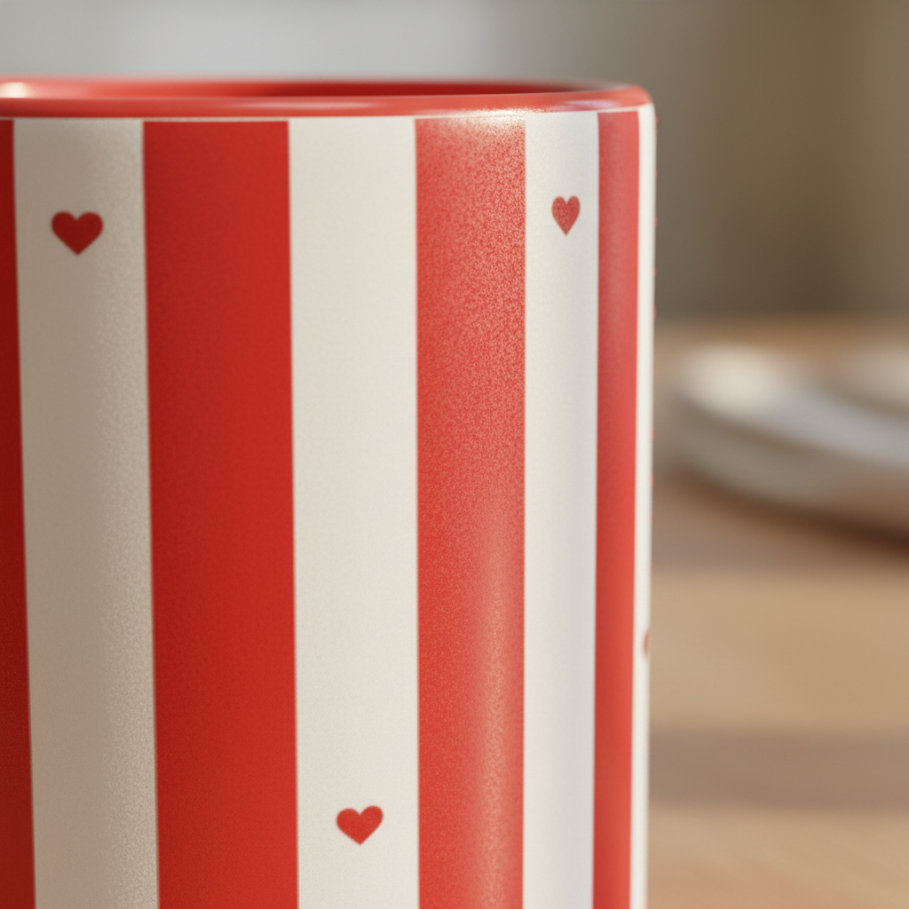 Zoom macro sur le design rayures rouge et blanc avec petits coeurs rouges du mug ceramique