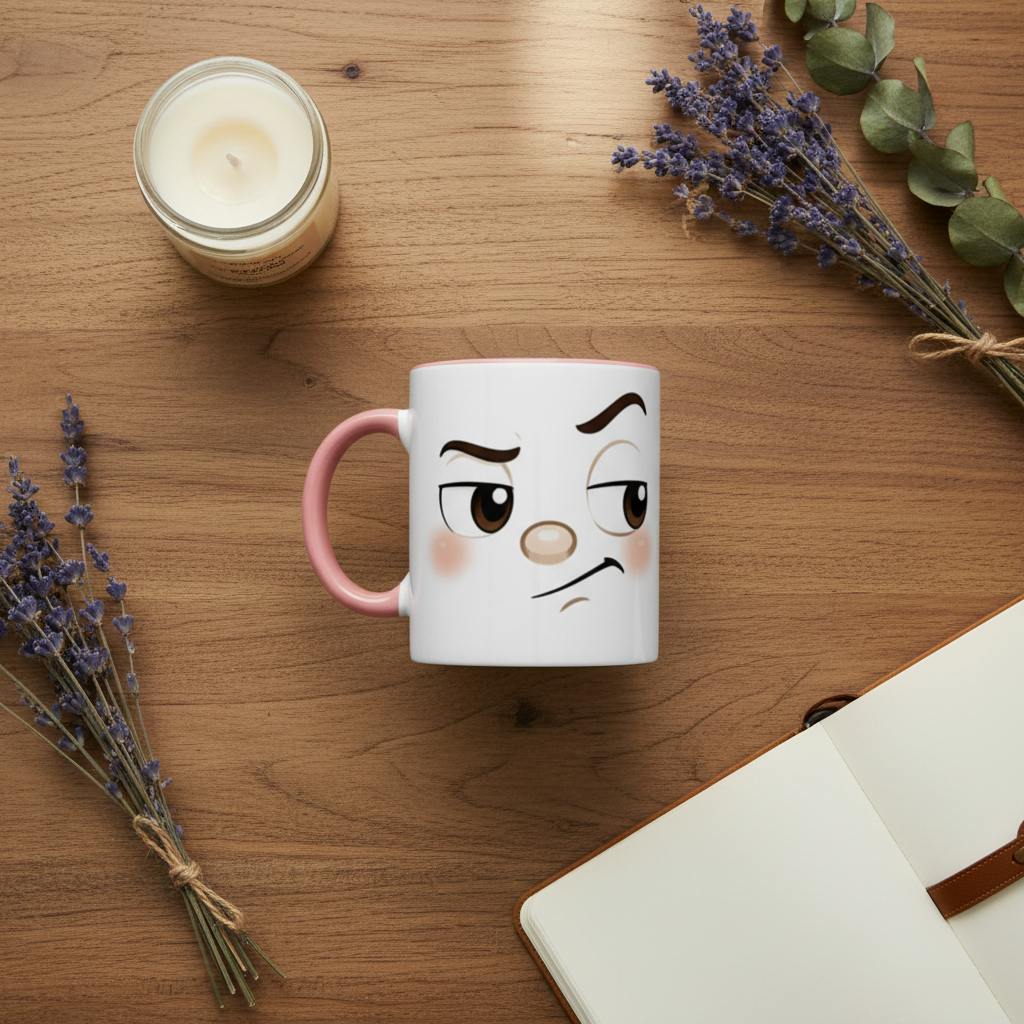 Mug en céramique blanc avec visage grognon kawaii, poignée rose