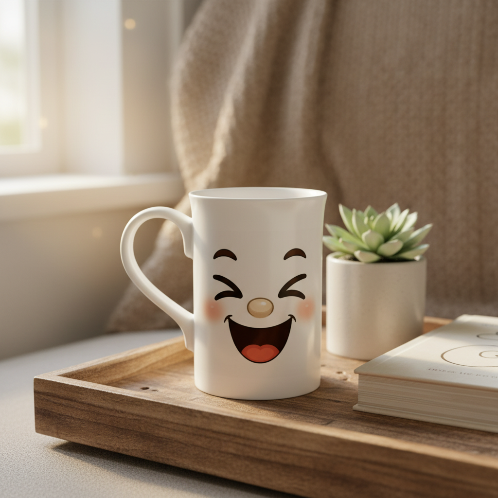 Mug blanc au visage kawaii souriant, anse à gauche, illustration sur le devant